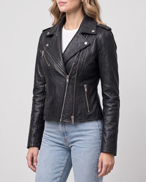 Women's Madeline Asymmetrical Leather Moto Jacket — Black, catalog studio image