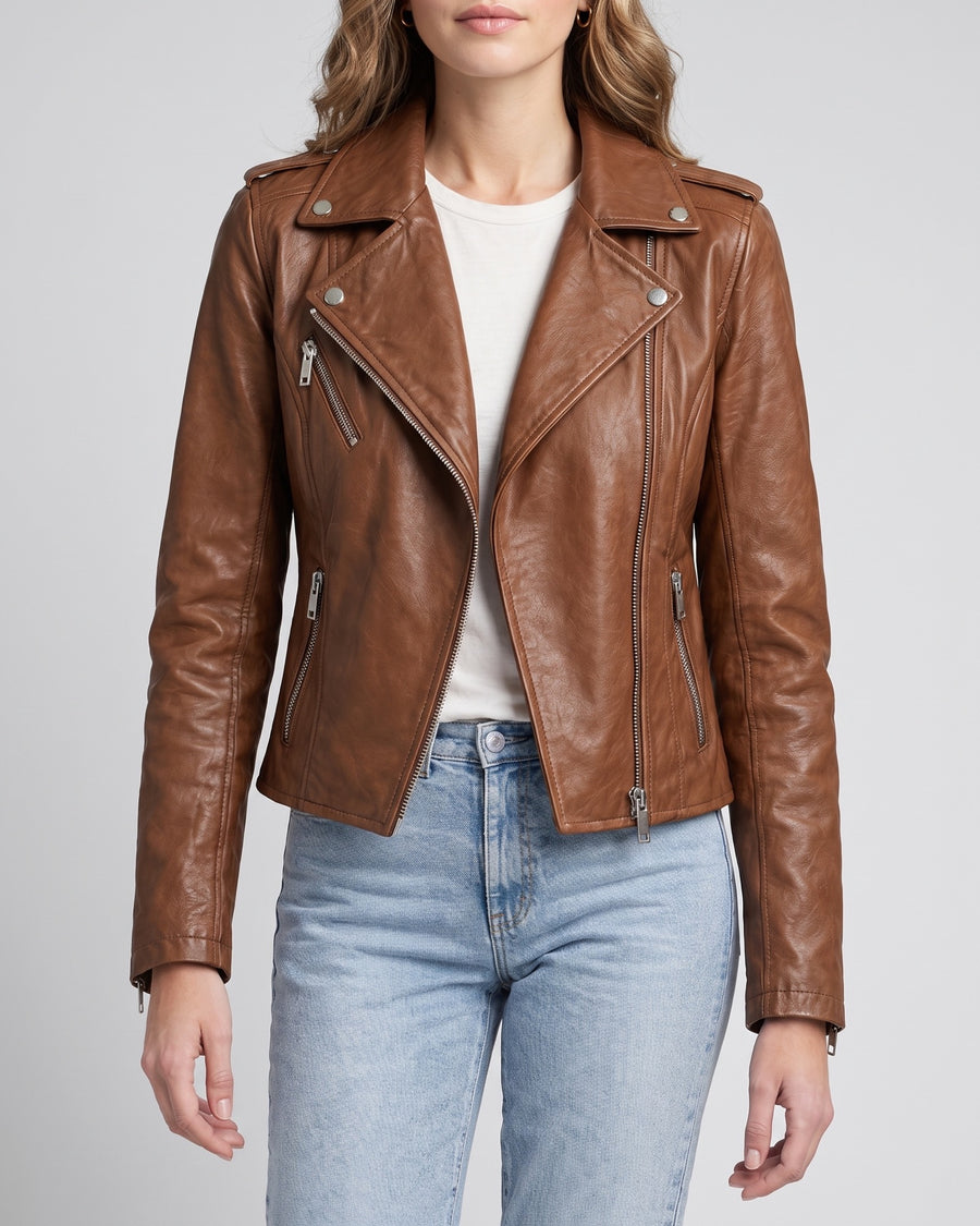 Women's Madeline Asymmetrical Leather Moto Jacket — Cognac, catalog studio image