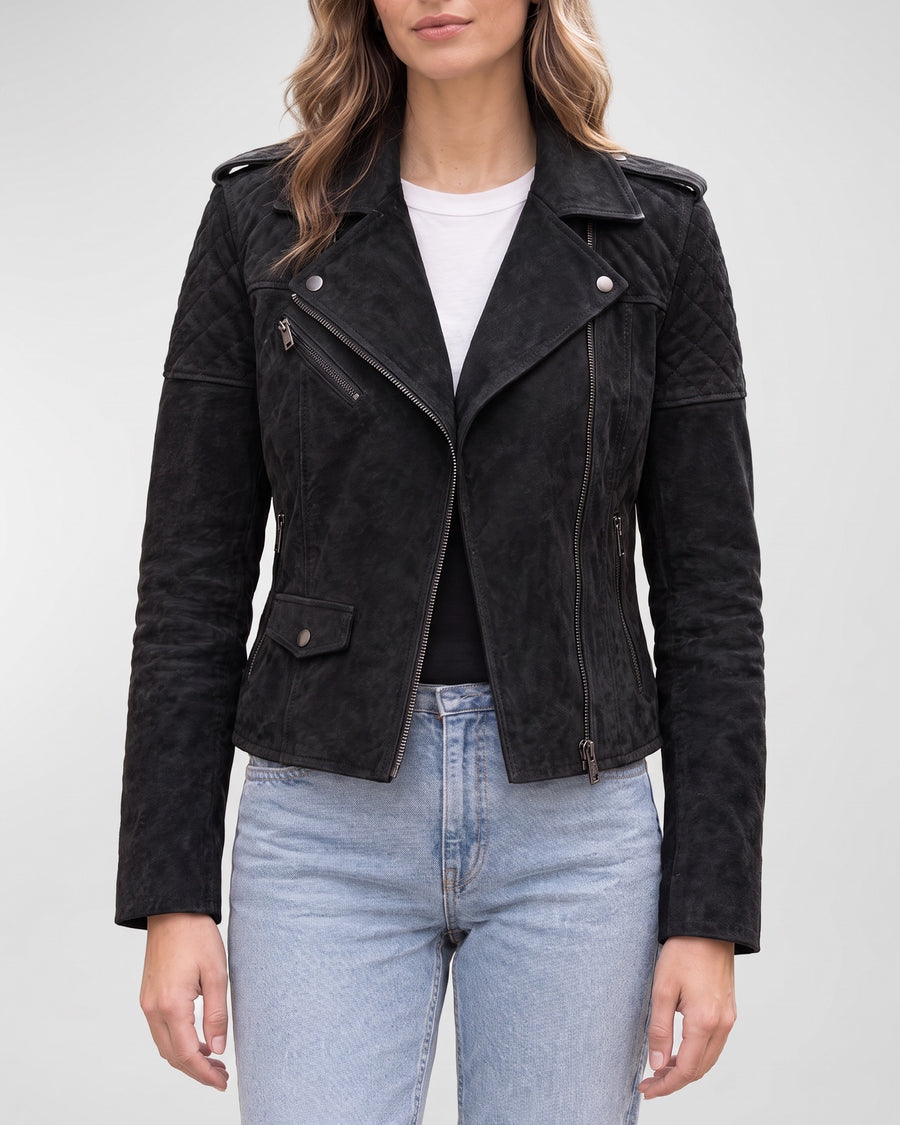 Women's Madeline Suede Quilted Moto Jacket — Black on light gray background