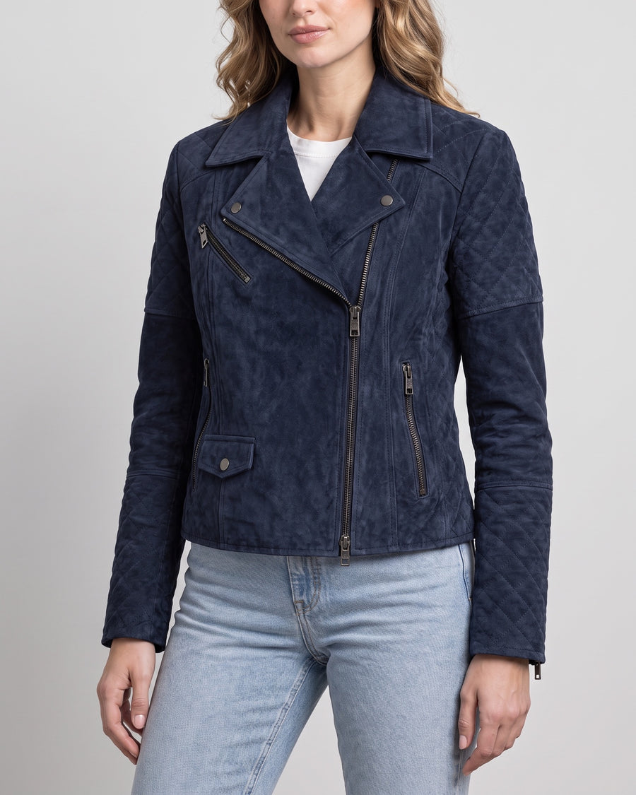 Women's Madeline Suede Quilted Moto Jacket — Navy on light gray background