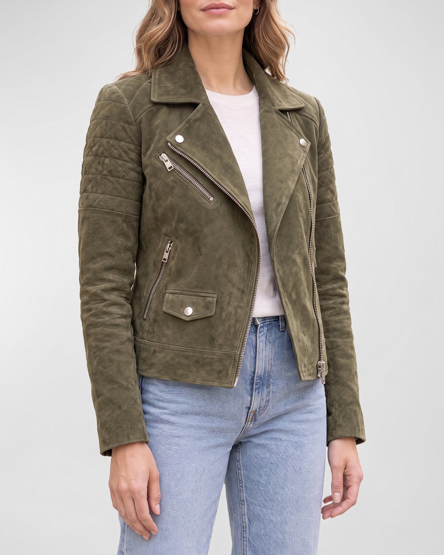 Women's Madeline Suede Quilted Moto Jacket — Olive on light gray background