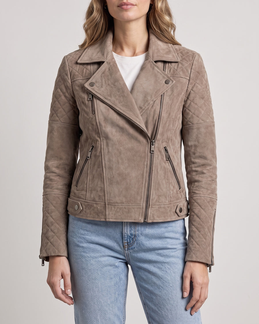 Women's Madeline Suede Quilted Moto Jacket — Taupe on light gray background