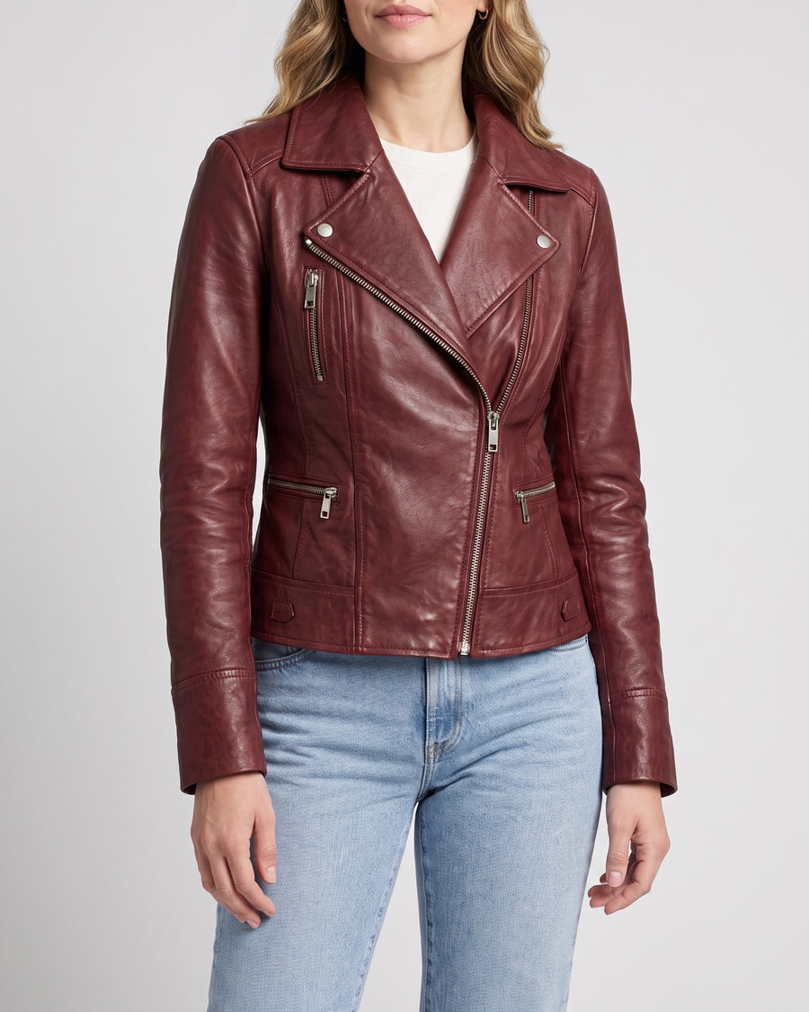 Women's Marissa Asymmetric Leather Moto Jacket — Ox Red on light gray background