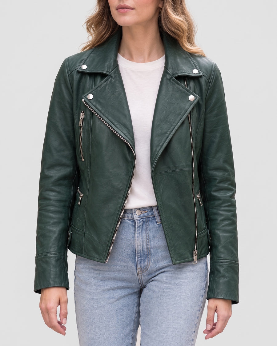 Women's Marissa Asymmetric Leather Moto Jacket — Green on light gray background