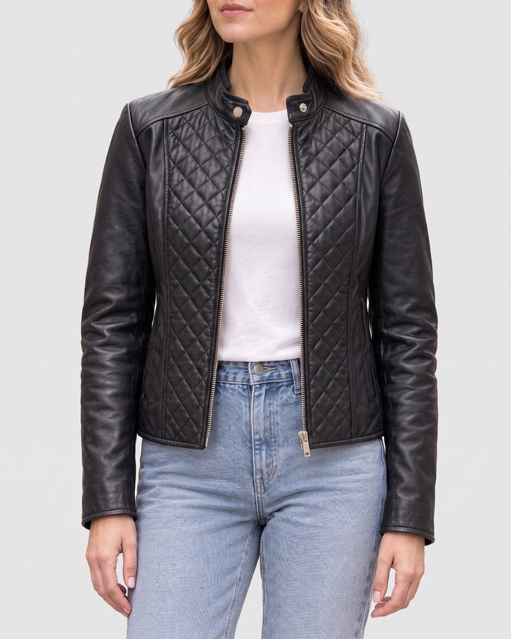 Women's Marlette Quilted Leather Racer Jacket — Black on light gray background