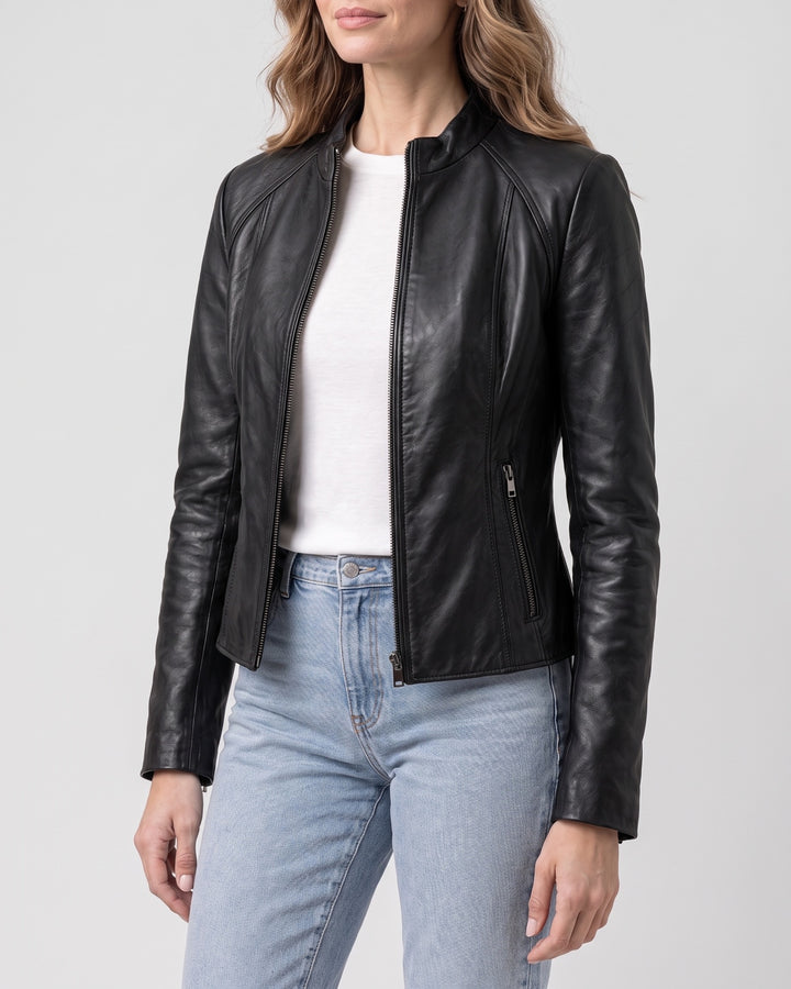 Women's Meg Leather Scuba Jacket — Black on light gray background