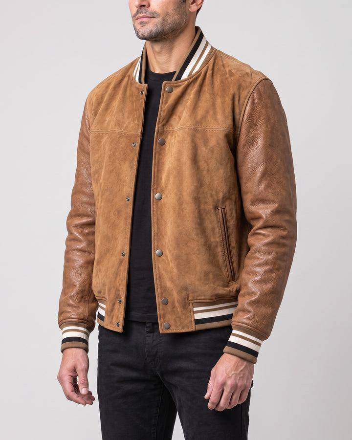 Men's Micah Vintage Suede Varsity Jacket — Camel on light gray background