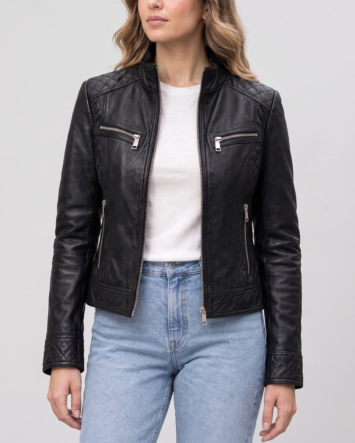 Women's Mikel Leather Racer Jacket — Black on light gray background
