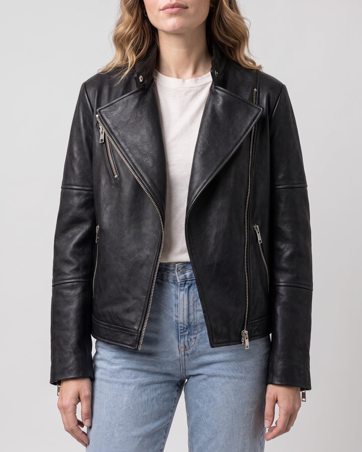 Women's Miley Oversized Leather Moto Jacket — Black on light gray background