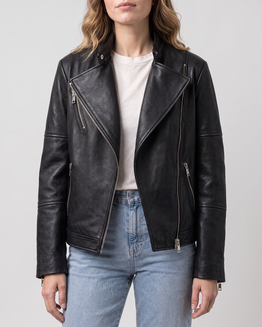 Women's Miley Oversized Leather Moto Jacket — Black on light gray background