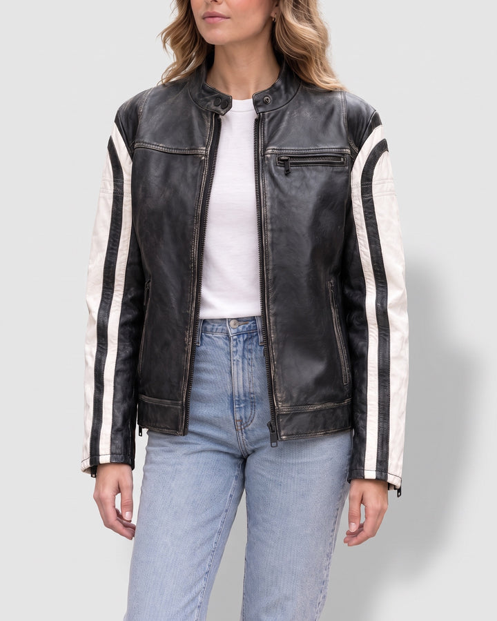 Women's Millie Oversized Striped Racer Jacket — Black/White on light gray background