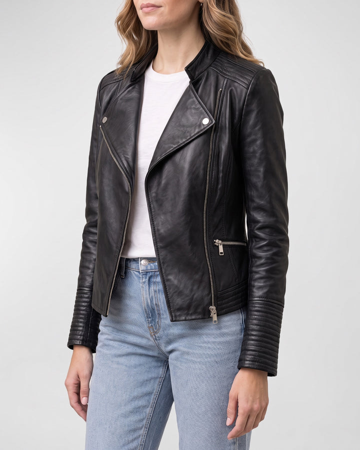 Women's Monica Asymmetrical Leather Moto Jacket — Black on light gray background