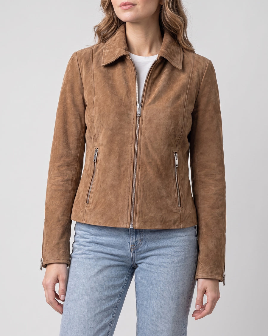 Women's Monty Suede Shirt Collar Zip Jacket — Cognac on light gray background