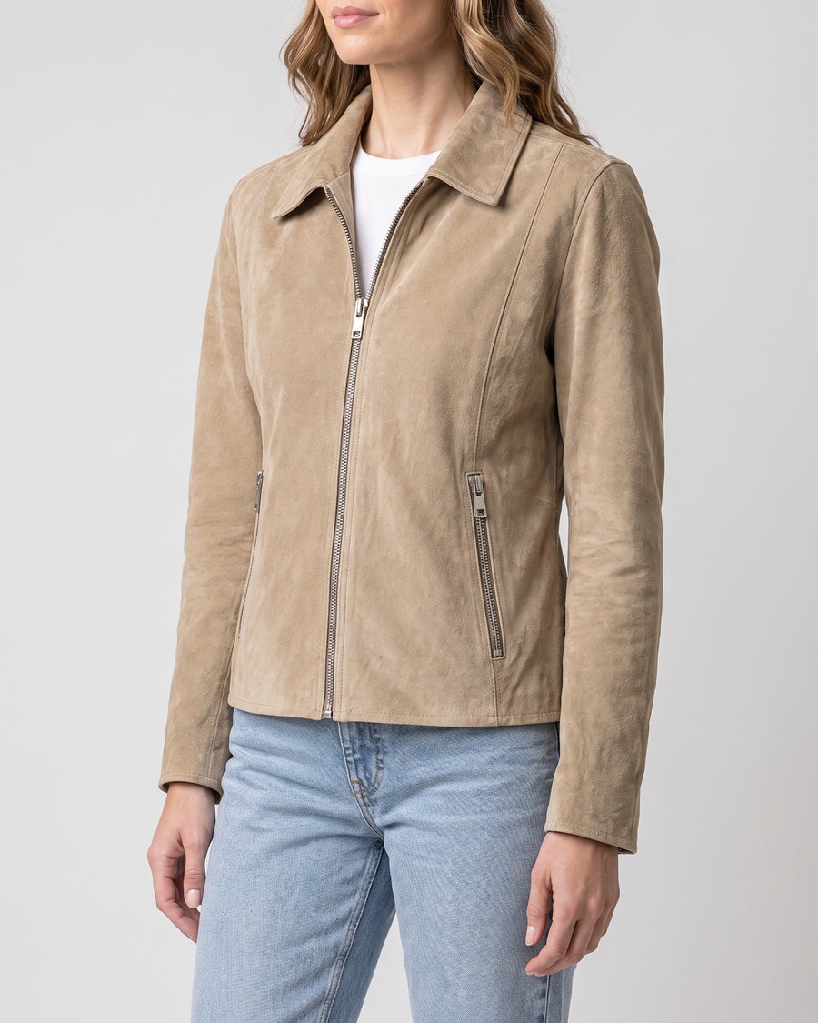 Women's Monty Suede Shirt Collar Zip Jacket — Sand on light gray background