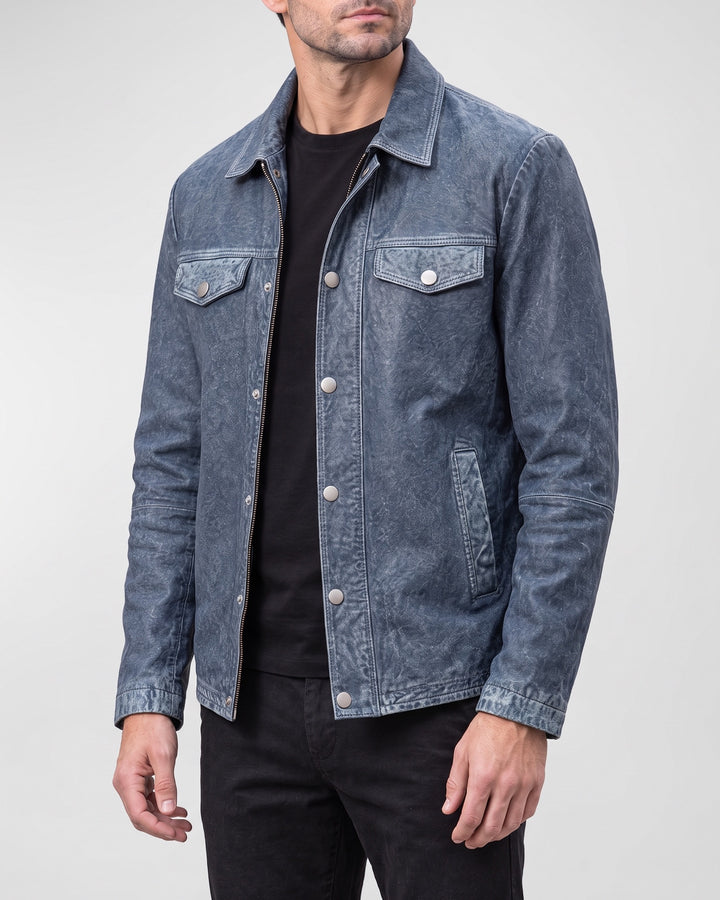 Men's Nolan Leather Denim Shirt Jacket — Medium Blue on light gray background