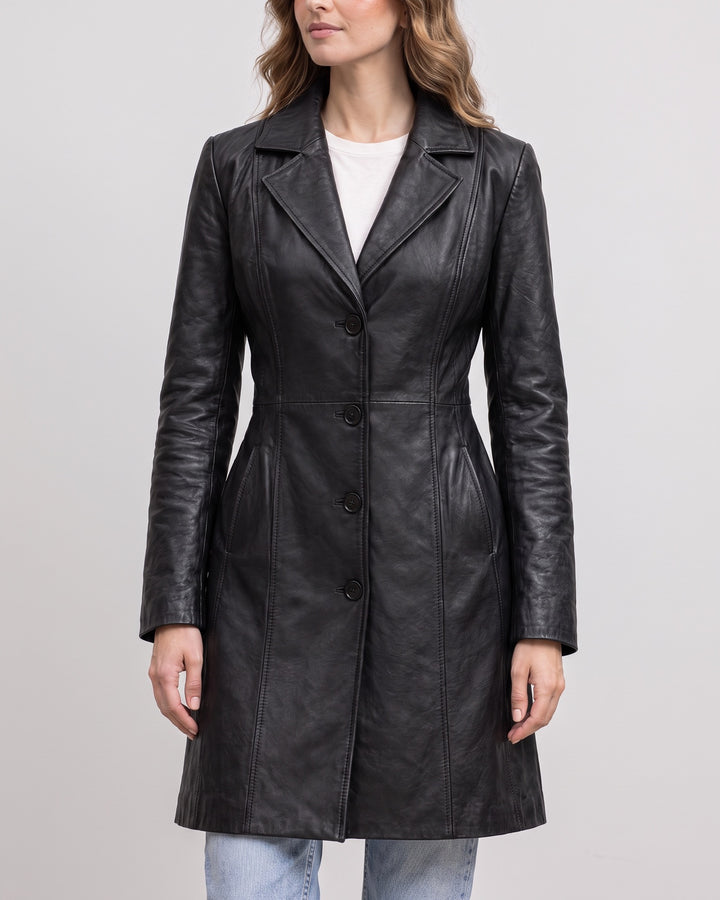 Women's Nora Button Down Leather Trench Coat — Jacket — Black on light gray background