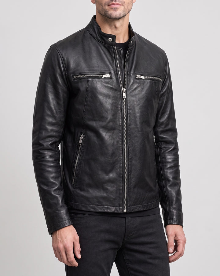 Men's Quinton Lightweight Leather Racer Jacket — Black on light gray background