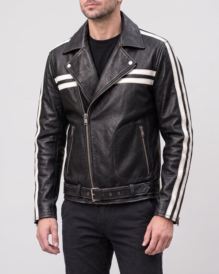 Men's Rhodes Vintage Leather Moto Jacket — Black/White on light gray background