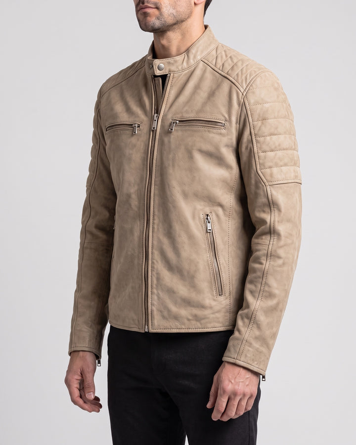 Men's Roman Vintage Quilted Leather Racer Jacket — Beige on light gray background