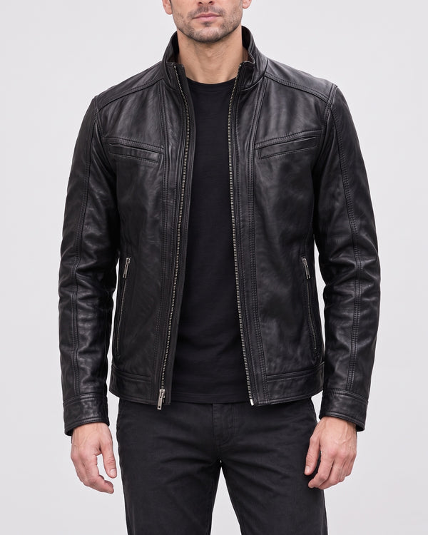 Men's Sean Vintage Leather Racer Jacket — Black on light gray background