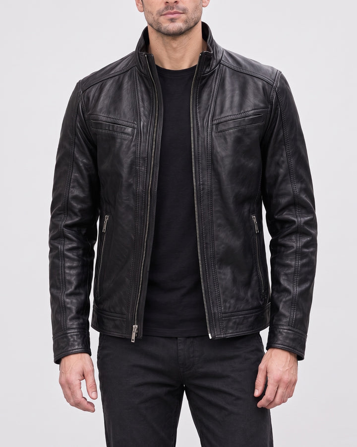 Men's Sean Vintage Leather Racer Jacket — Black on light gray background