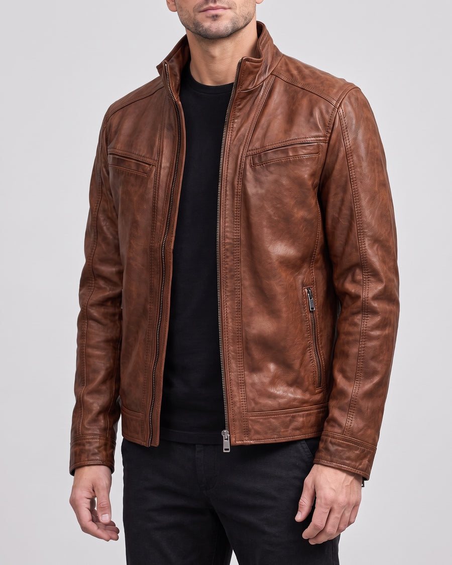 Men's Sean Vintage Leather Racer Jacket — Brown on light gray background