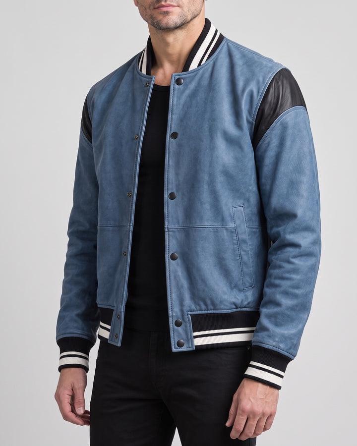 Men's Simon Leather Denim Letterman Jacket — Blue Denim on light gray background