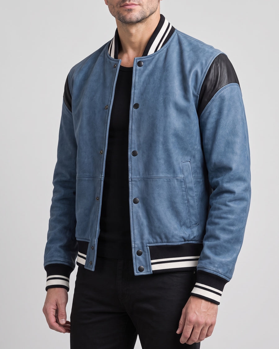 Men's Simon Leather Denim Letterman Jacket — Blue Denim on light gray background