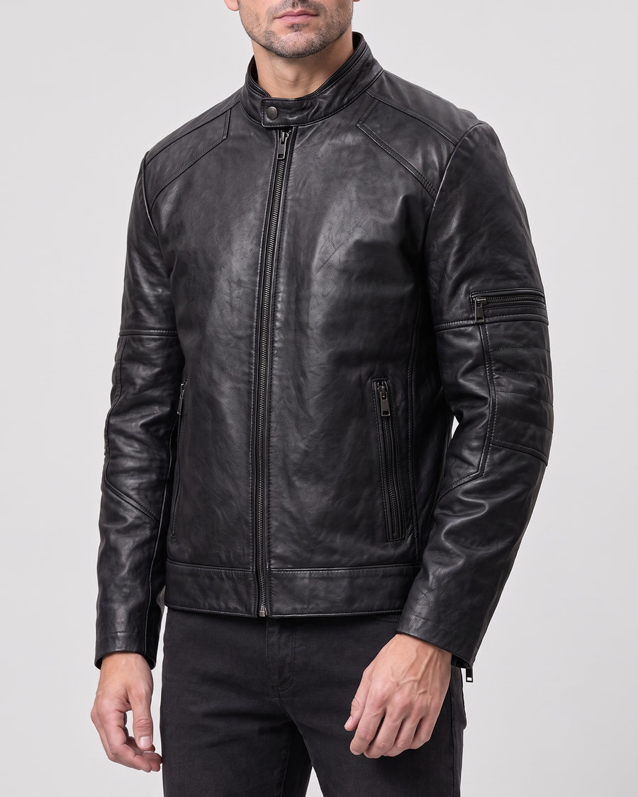 Men's Toby Quilted Leather Moto Jacket — Black on light gray background