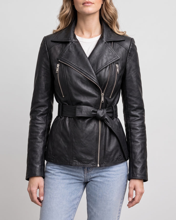 Women's Violet Belted Leather Moto Jacket — Black on light gray background