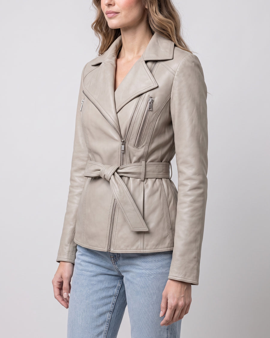Women's Violet Belted Leather Moto Jacket — Oyster on light gray background