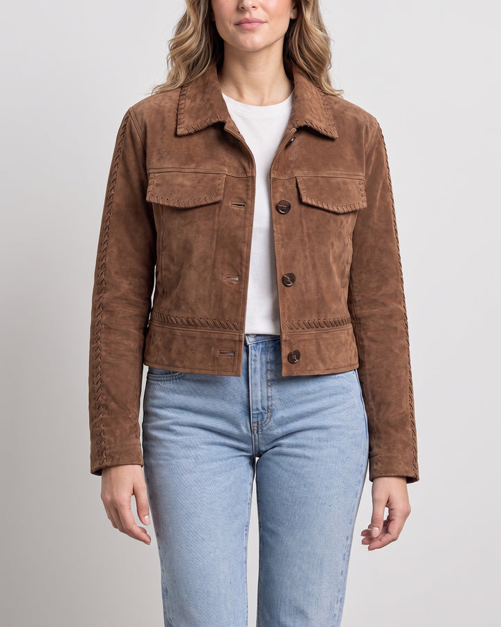 Women's Vivianne Whipstitched Suede Trucker Jacket — Cognac on light gray background