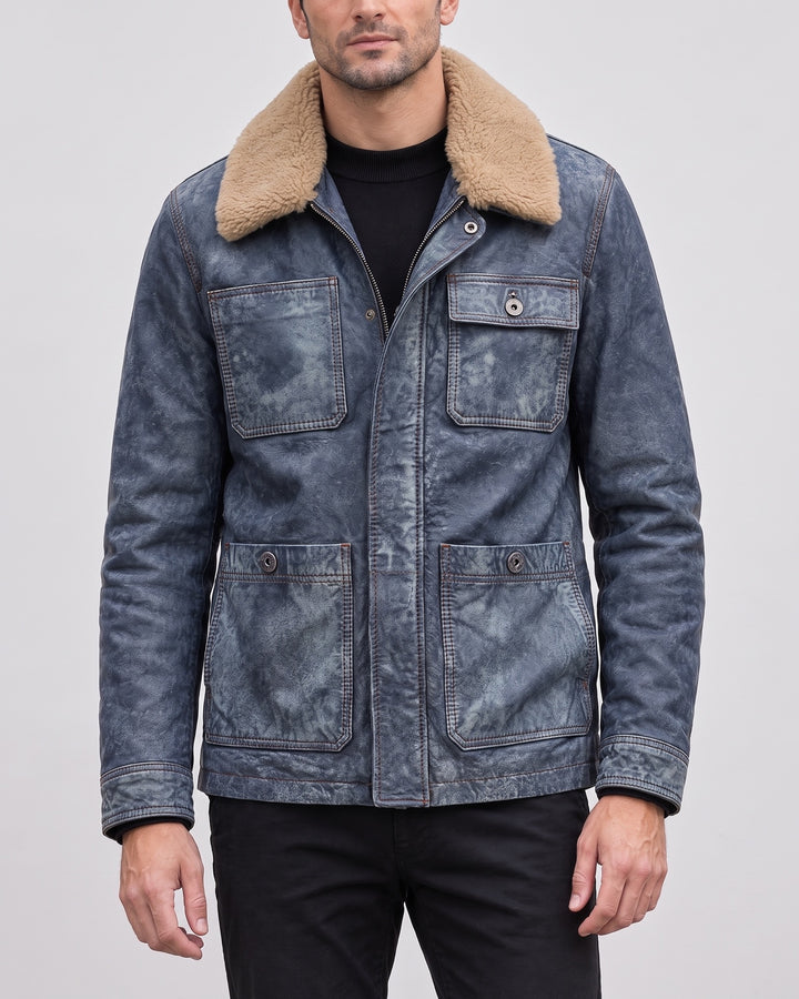 Men's Wesley Leather Denim Chore Jacket — Medium Blue on light gray background