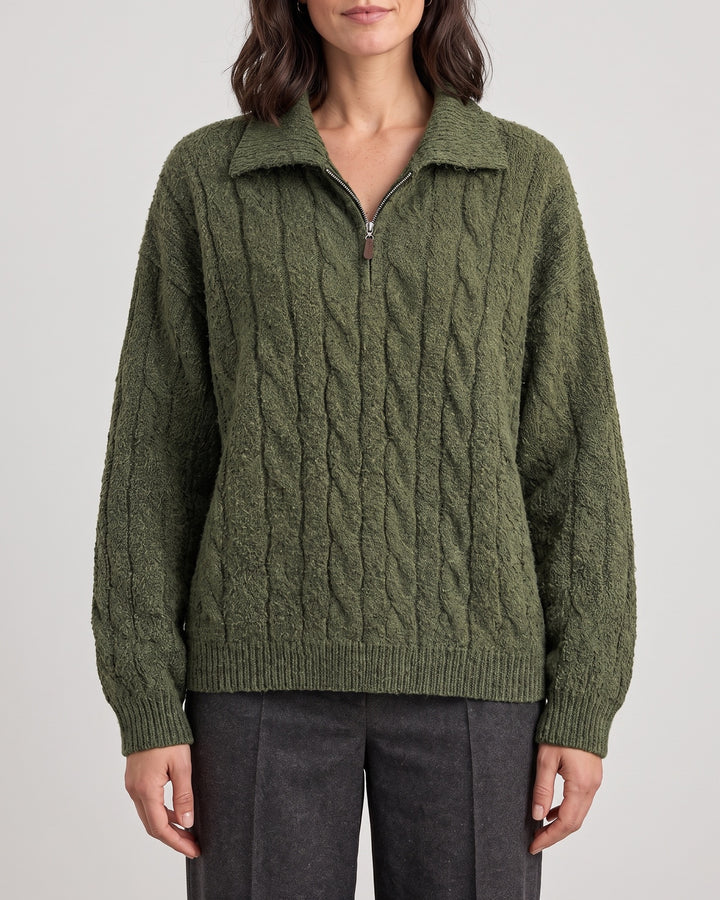 Women's Cable-Knit Quarter-Zip Sweater — Green, catalog studio image