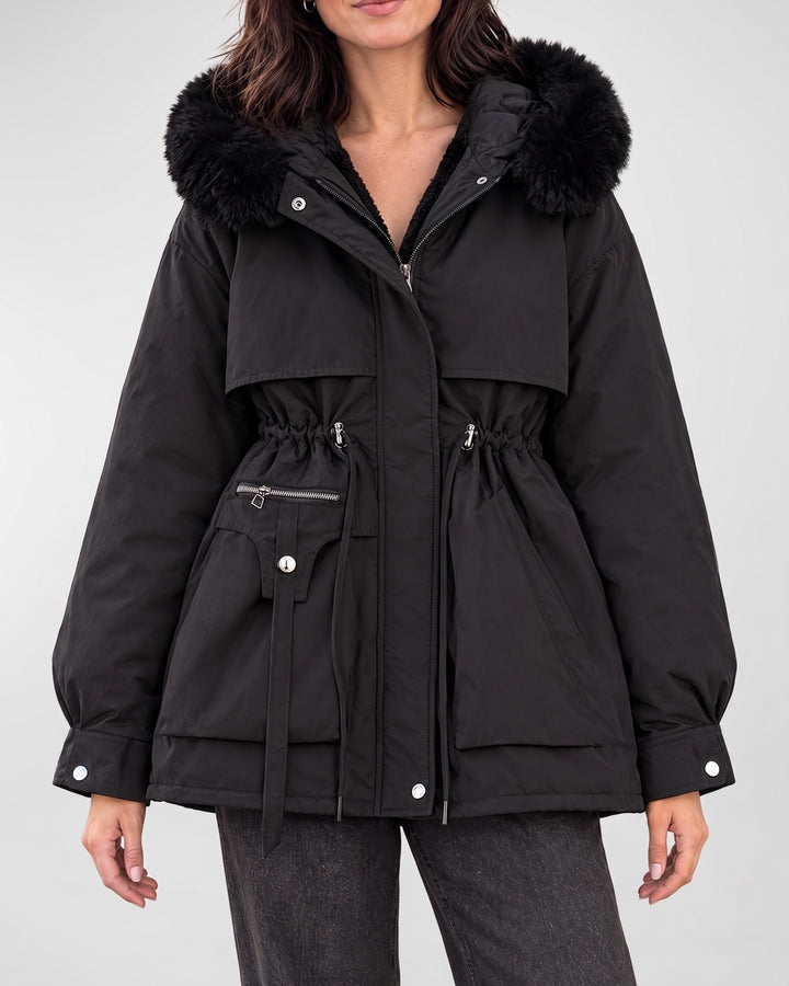 Women's Cinched-Waist Padded Parka — Black, catalog studio image
