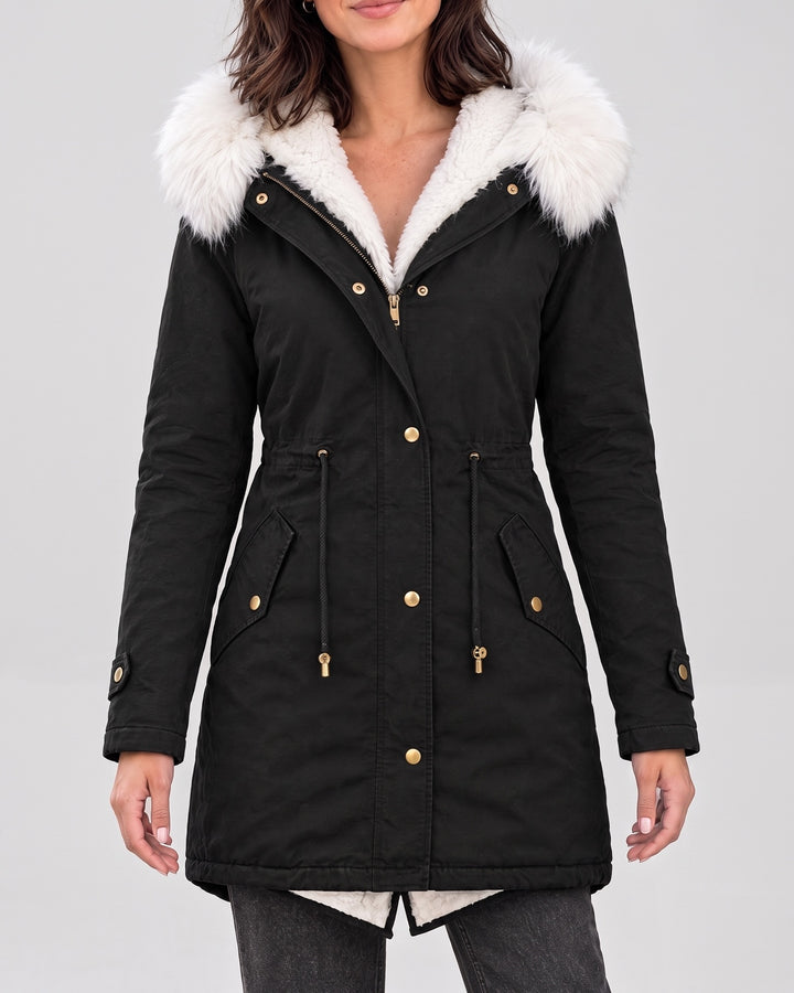 Women's Fleece-Lined Hooded Coat — Black, catalog studio image