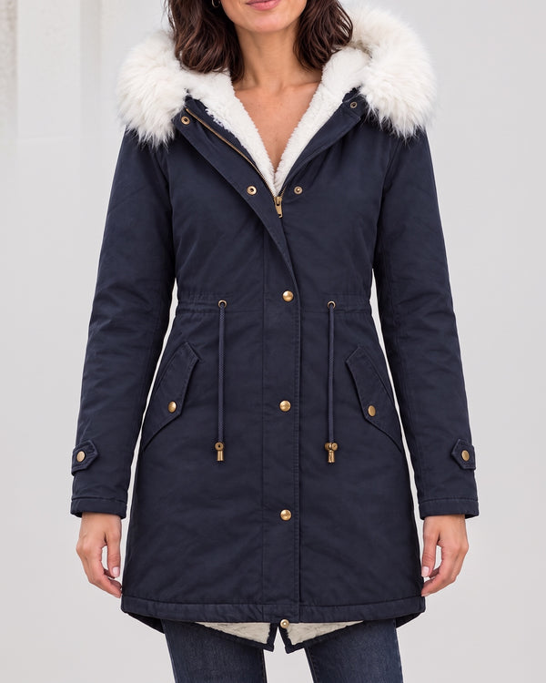 Women's Fleece-Lined Hooded Coat — Navy, catalog studio image