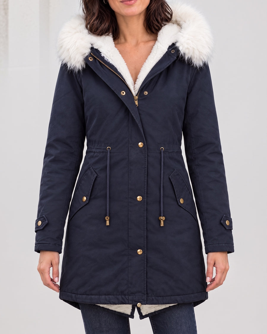 Women's Fleece-Lined Hooded Coat — Navy, catalog studio image