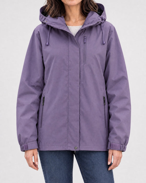 Women's Hooded Outdoor Jacket — Blue / Plum, catalog studio image