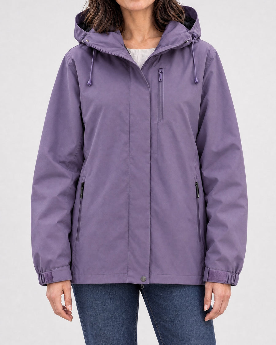 Women's Hooded Outdoor Jacket — Blue / Plum, catalog studio image