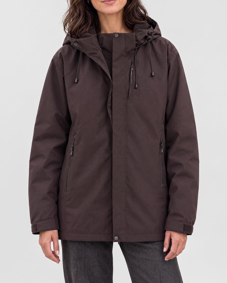 Women's Hooded Outdoor Jacket — Black / Plum, catalog studio image