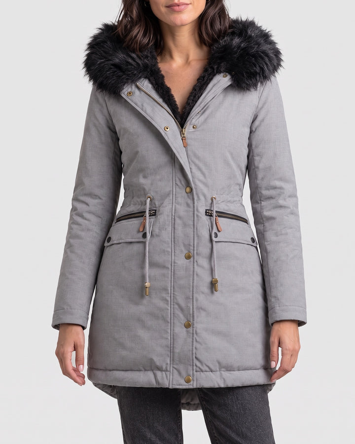 Women's Plush-Trim Hooded Parka — Gray, catalog studio image