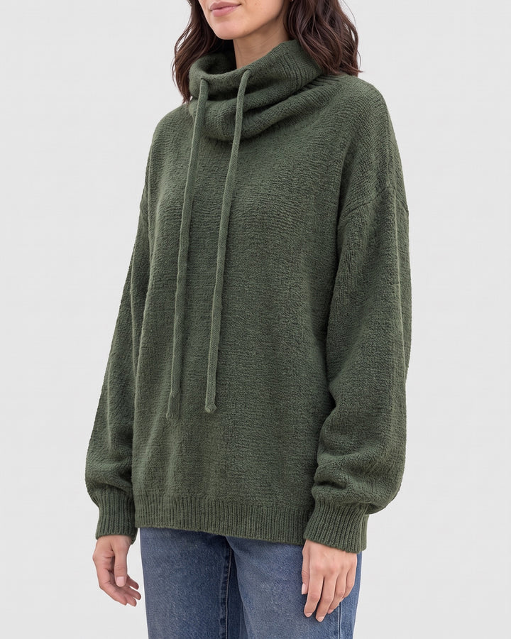 Women's Relaxed High-Neck Sweater — Pine Green — Thick, catalog studio image