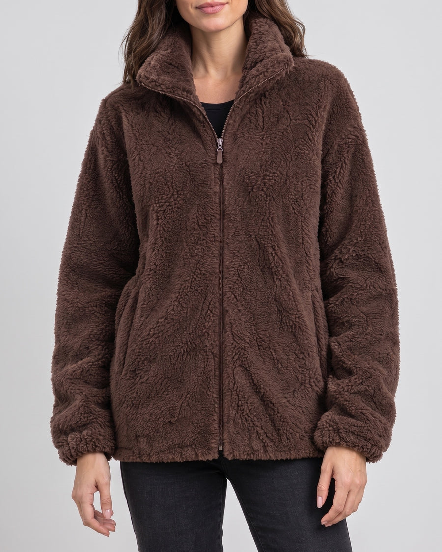 Women's Stand-Collar Fleece Jacket — Dark Brown, catalog studio image