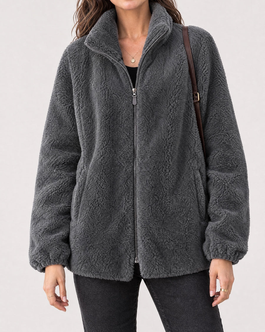 Women's Stand-Collar Fleece Jacket — Dark Gray, catalog studio image