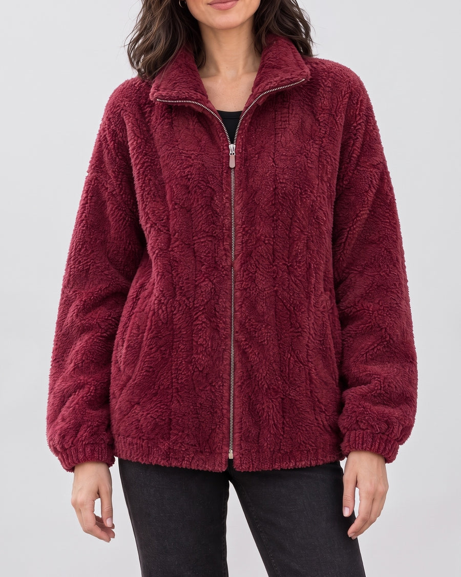 Women's Stand-Collar Fleece Jacket — Burgundy, catalog studio image