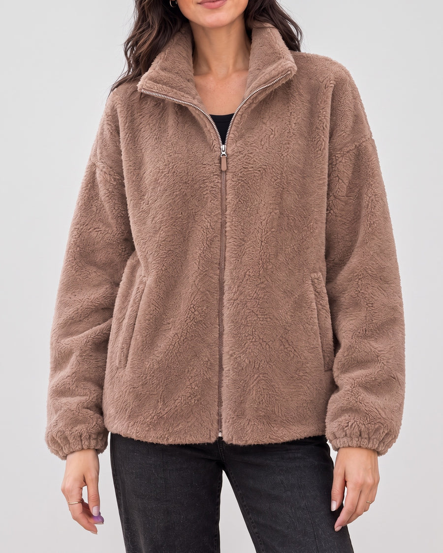 Women's Stand-Collar Fleece Jacket — Light Brown, catalog studio image