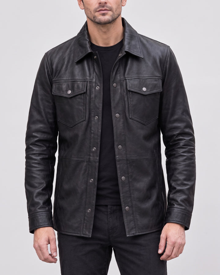 Men's Wren Lightweight Leather Snap Shirt Jacket — Black on light gray background