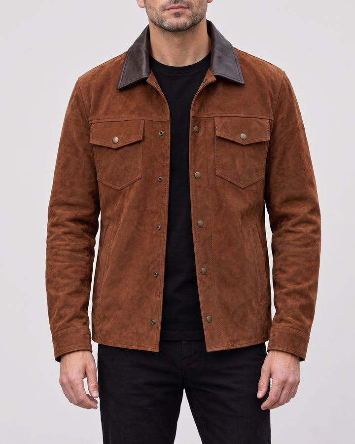 Men's Zion Colour Block Suede Shirt Jacket — Brown on light gray background