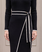 Black contrast-trim tie-waist knit midi dress